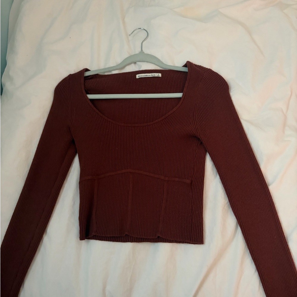 Abercrombie & Fitch Women's Ribbed Scoop Neck Long Sleeve Top - Maroon
